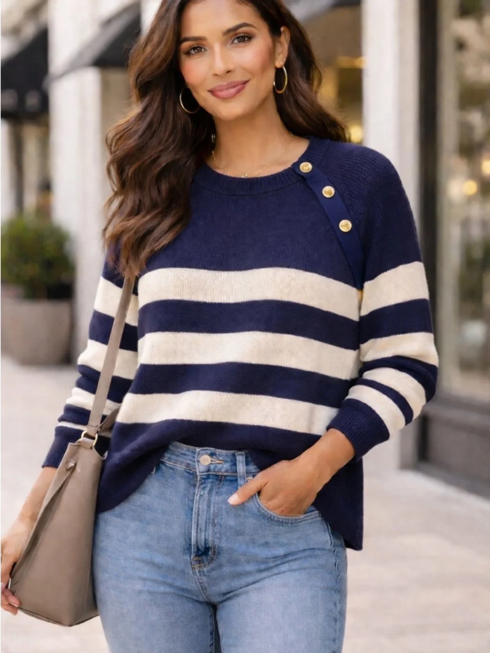 Michael Kors Navy White‎ Striped Sweater XL NWT Gold Button Shoulder Coastal